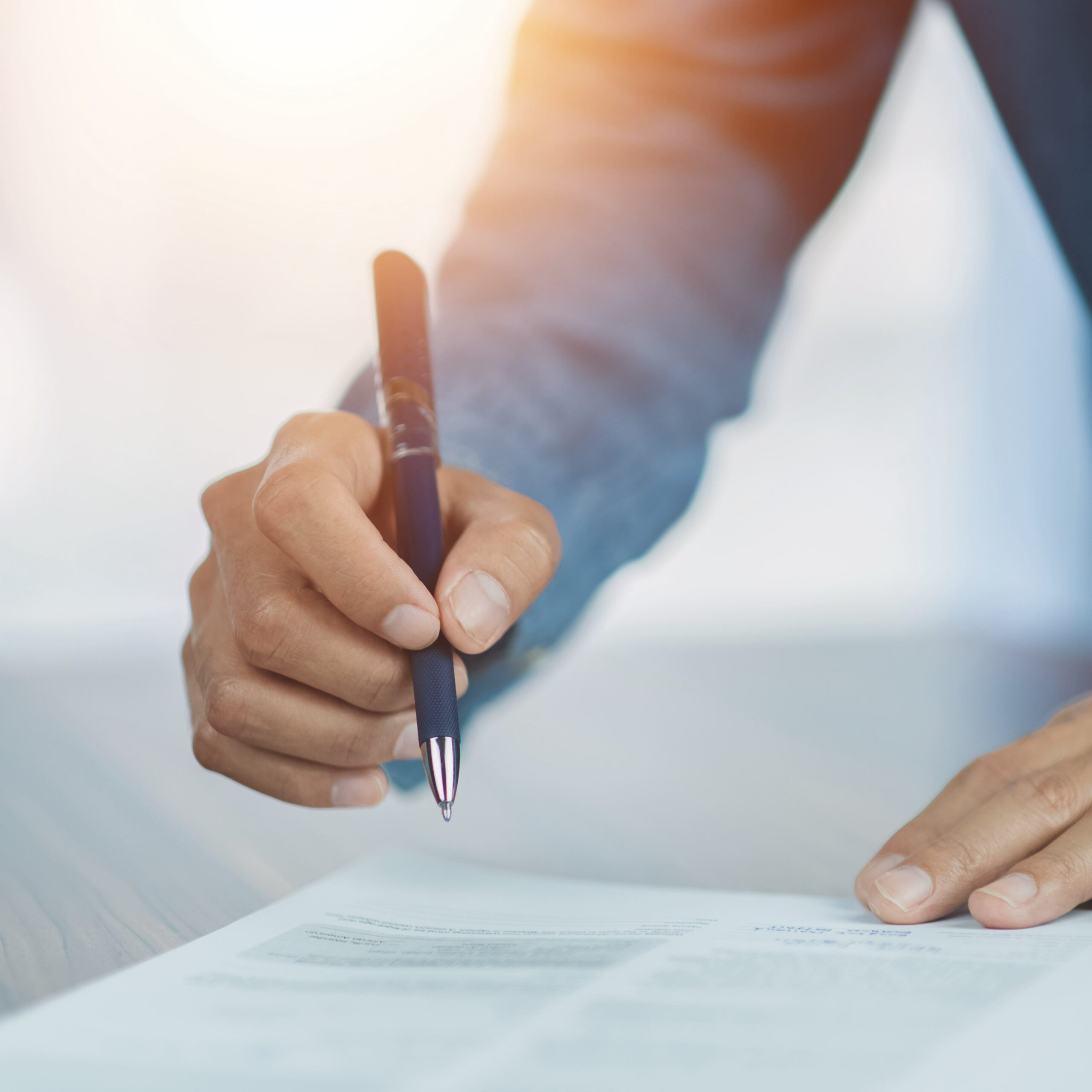 Closeup hand sign on document, signature contract executive