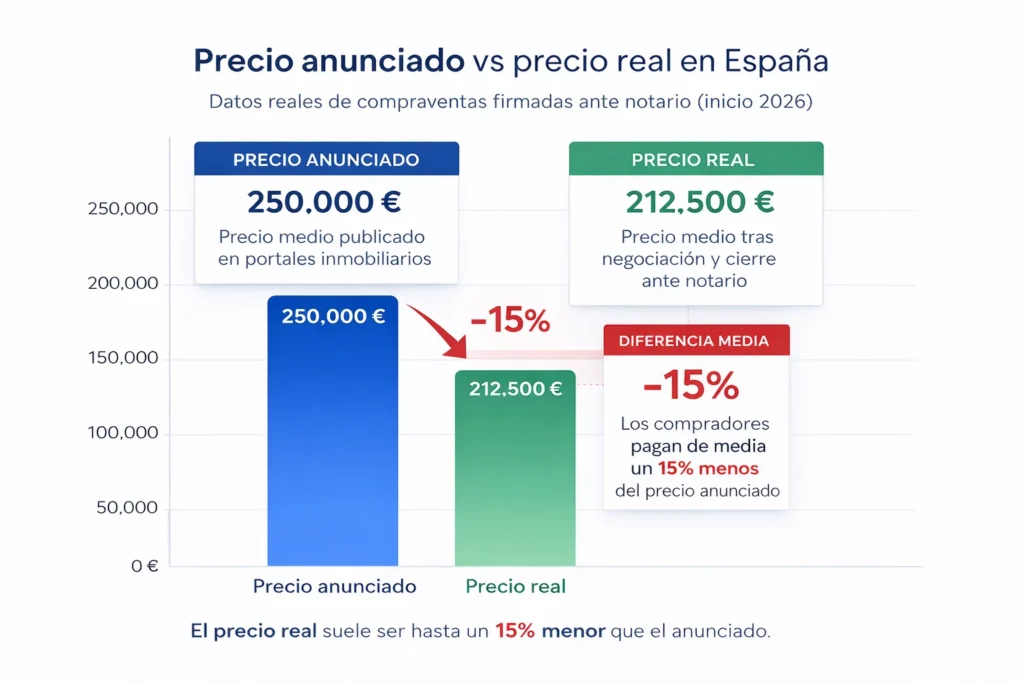 grafico precio anunciado vs precio real vivienda España diferencia 15 por ciento 2026