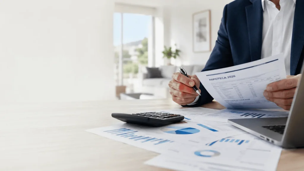 analisis del mercado hipotecario 2026 con documentos financieros y calculadora